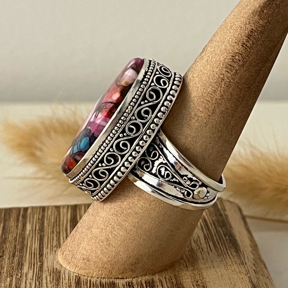 New 925 Stamped Silver Overlay Pink Dahlia Turquoise Gemstone Ring Size 9 - Picture 3 of 10